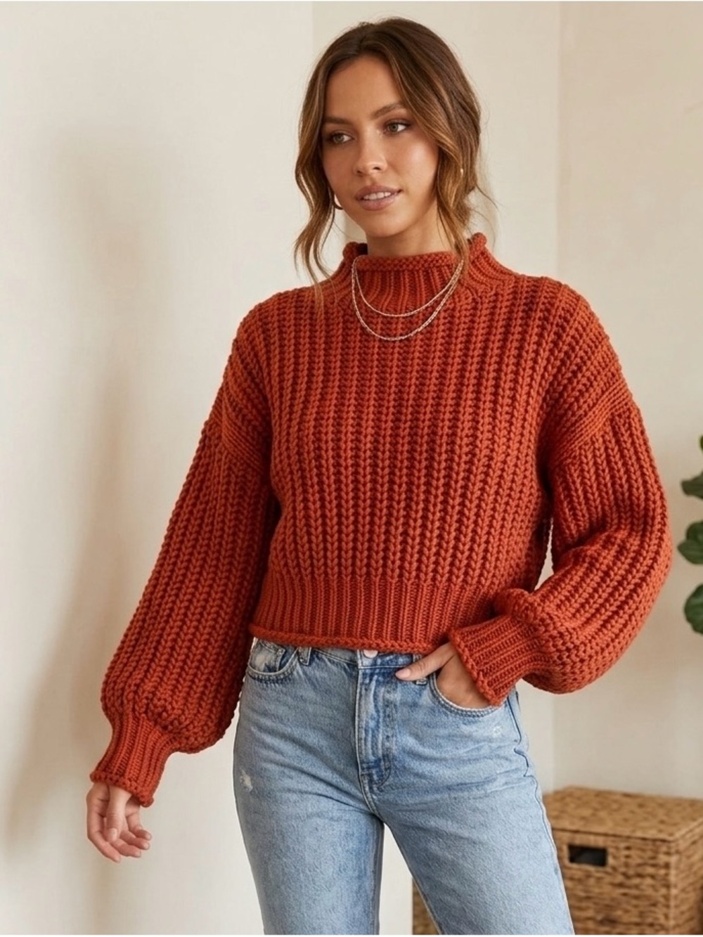 Princess Polly Velma Chunky Knit Cropped Mock Neck Sweater - XS/S